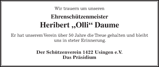 Traueranzeige von Heribert Daume von Usinger Anzeiger