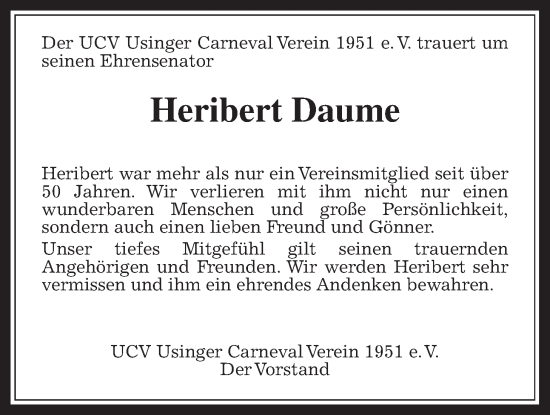 Traueranzeige von Heribert Daume von Usinger Anzeiger