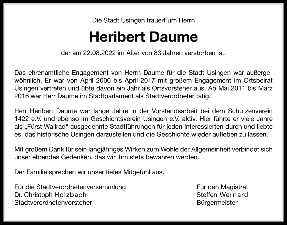  Traueranzeige für Heribert Daume vom 29.08.2022 aus Usinger Anzeiger