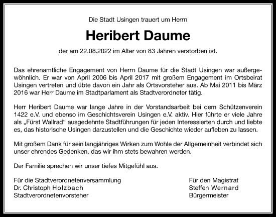 Traueranzeige von Heribert Daume von Usinger Anzeiger