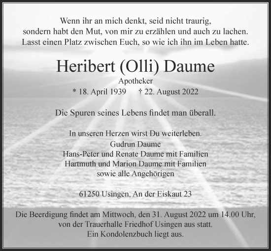 Traueranzeige von Heribert Daume von Usinger Anzeiger