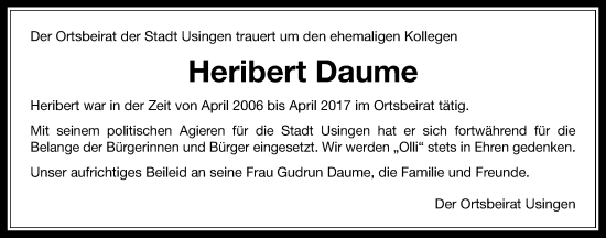 Traueranzeige von Heribert Daume von Usinger Anzeiger