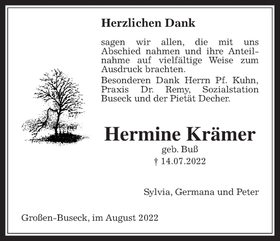 Traueranzeige von Hermine Krämer von Giessener Allgemeine, Alsfelder Allgemeine, Giessener Anzeiger