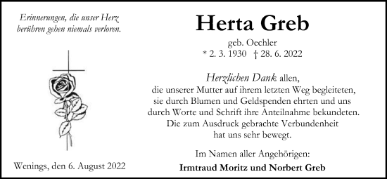 Traueranzeige von Herta Greb von Kreis-Anzeiger