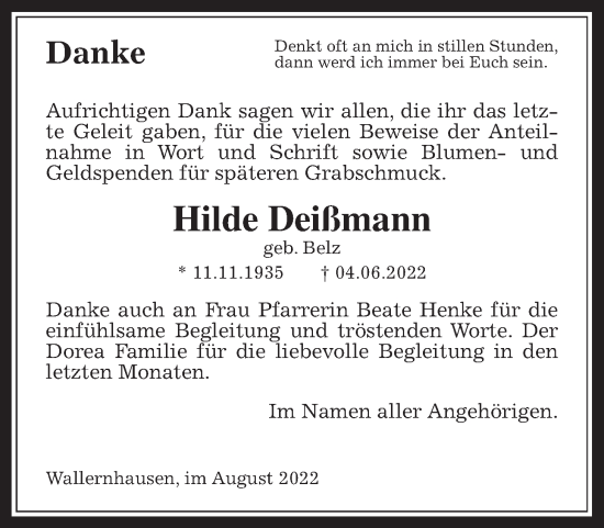Traueranzeige von Hilde Deißmann von Kreis-Anzeiger