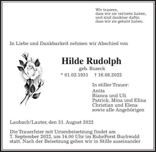 Traueranzeige von Hilde Rudolph von Laubacher Anzeiger
