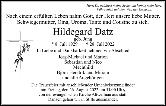 Traueranzeige von Hildegard Datz von Usinger Anzeiger
