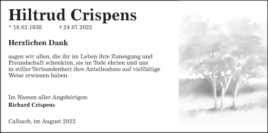 Traueranzeige von Hiltrud Crispens von Kreis-Anzeiger