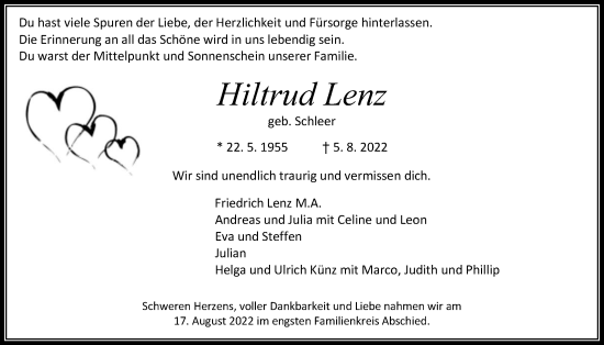 Traueranzeige von Hiltrud Lenz von Giessener Allgemeine, Alsfelder Allgemeine