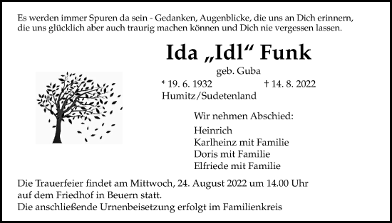 Traueranzeige von Ida Funk von Giessener Allgemeine, Alsfelder Allgemeine