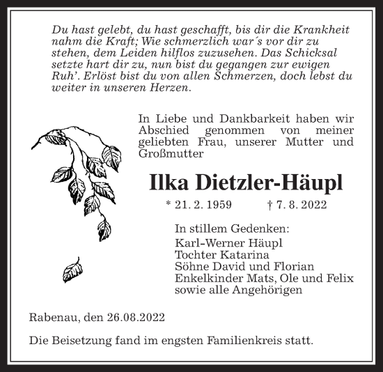 Traueranzeige von Ilka Dietzler-Häupl von Giessener Allgemeine, Alsfelder Allgemeine, Giessener Anzeiger