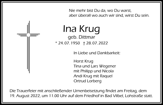 Traueranzeige von Ina Krug von Bad Vilbel/Karben