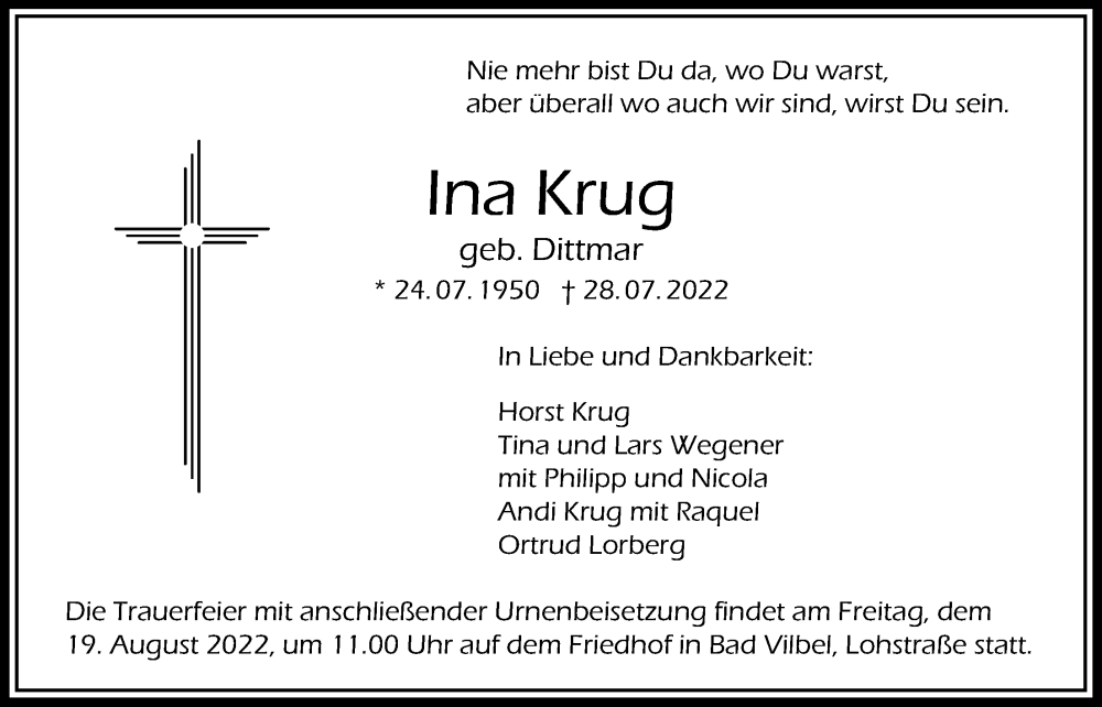  Traueranzeige für Ina Krug vom 04.08.2022 aus Bad Vilbel/Karben