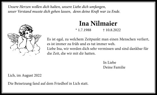 Traueranzeige von Ina Nilmaier von Licher Wochenblatt