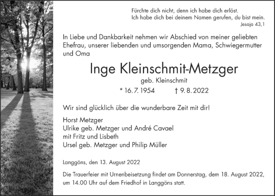 Traueranzeige von Inge Kleinschmit-Metzger von Giessener Anzeiger, Giessener Allgemeine, Alsfelder Allgemeine
