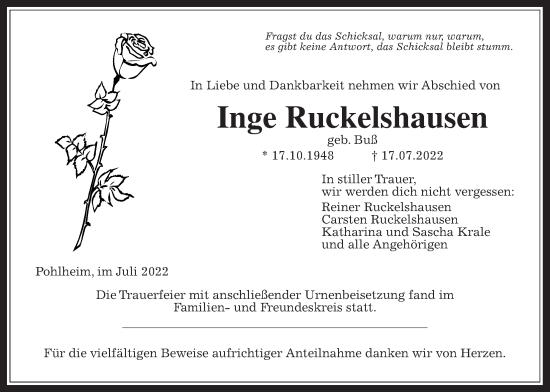 Traueranzeige von Inge Ruckelshausen von Giessener Allgemeine, Alsfelder Allgemeine, Pohlheimer Nachrichten
