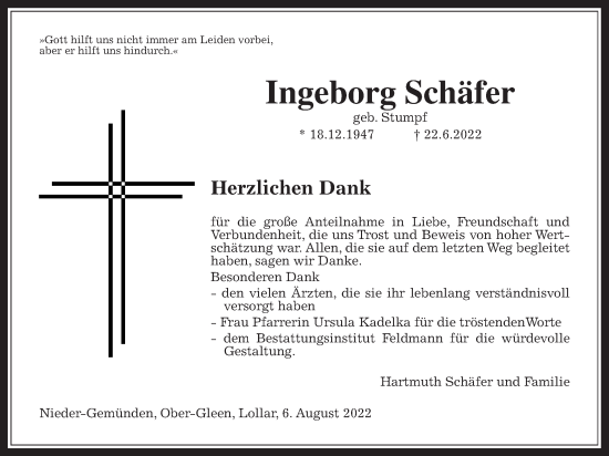 Traueranzeige von Ingeborg Schäfer von Alsfelder Allgemeine