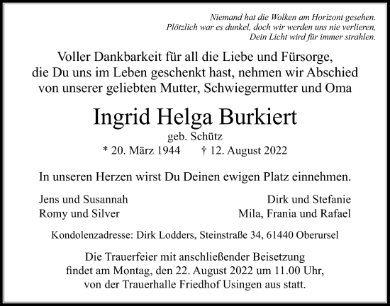 Traueranzeige von Ingrid Helga Burkiert von Usinger Anzeiger, Wetterauer Zeitung