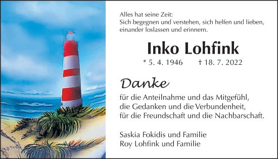 Traueranzeige von Inko Lohfink von Wetterauer Zeitung