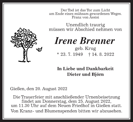 Traueranzeige von Irene Brenner von Giessener Allgemeine, Alsfelder Allgemeine, Giessener Anzeiger
