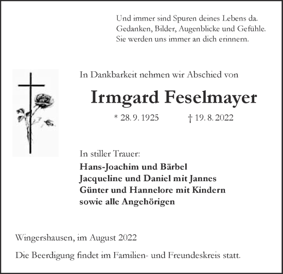 Traueranzeige von Irmgard Feselmayer von Kreis-Anzeiger