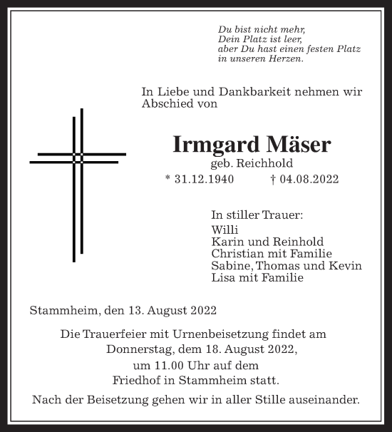 Traueranzeige von Irmgard Mäser von Kreis-Anzeiger