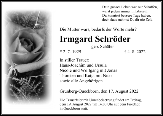 Traueranzeige von Irmgard Schröder von Giessener Allgemeine, Alsfelder Allgemeine