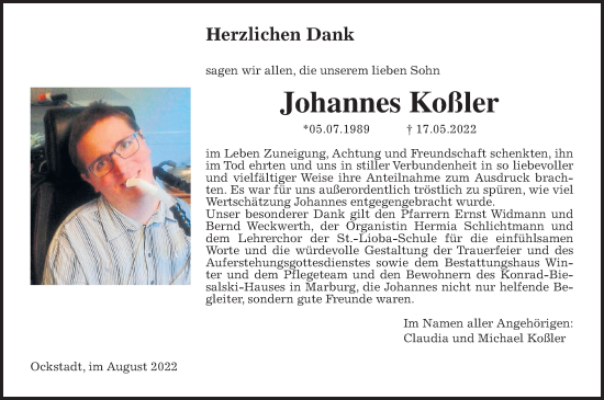 Traueranzeige von Johannes Koßler von Wetterauer Zeitung