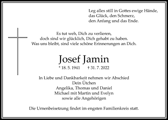 Traueranzeige von Josef Jamin von Bad Vilbel/Karben