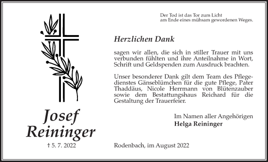 Traueranzeige von Josef Reininger von Kreis-Anzeiger