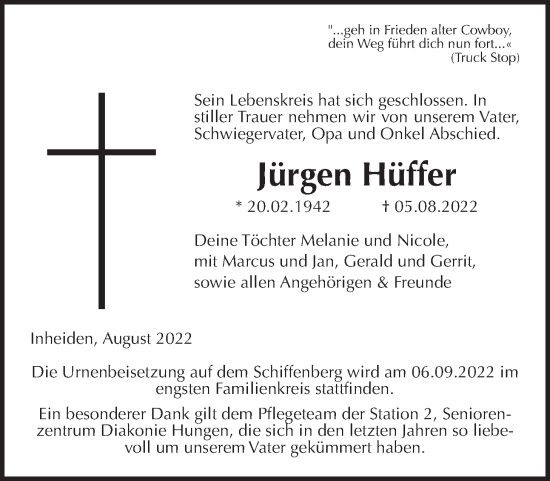 Traueranzeige von Jürgen Hüffer von Licher Wochenblatt