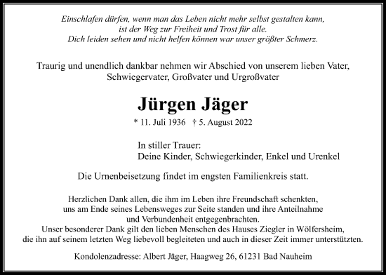 Traueranzeige von Jürgen Jäger von Wetterauer Zeitung