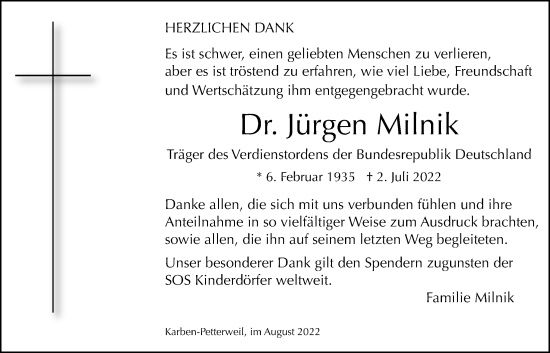 Traueranzeige von Jürgen Milnik von Bad Vilbel/Karben