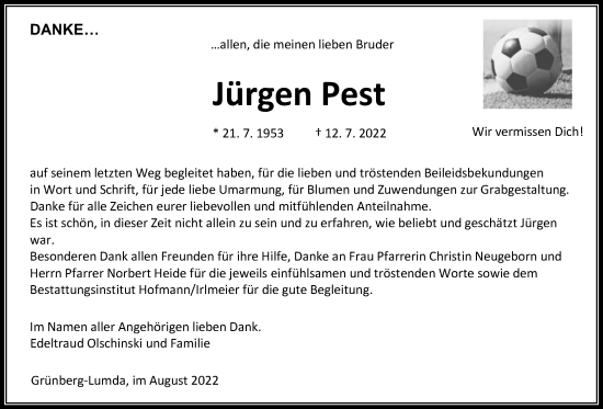 Traueranzeige von Jürgen Pest von Giessener Anzeiger, Giessener Allgemeine, Alsfelder Allgemeine