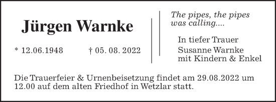 Traueranzeige von Jürgen Warnke von Wetterauer Zeitung, Giessener Allgemeine, Alsfelder Allgemeine