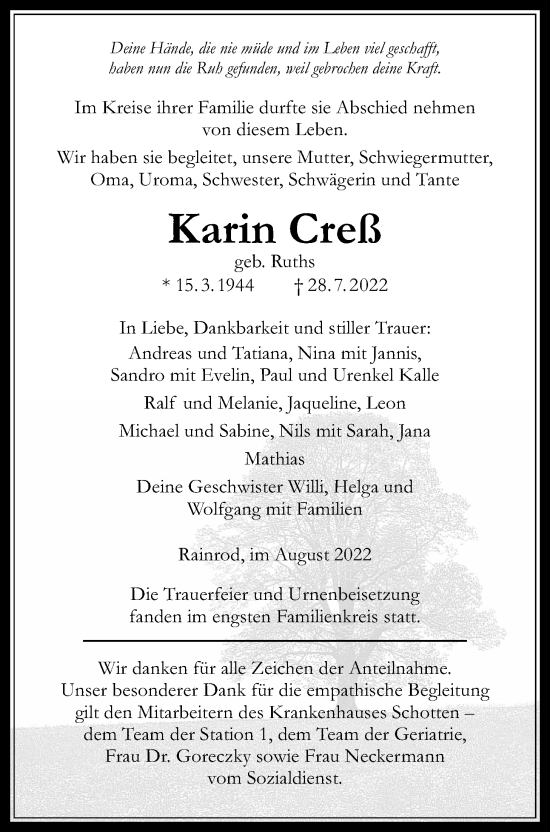 Traueranzeige von Karin Creß von Kreis-Anzeiger