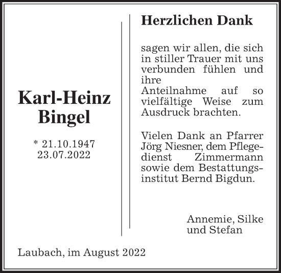 Traueranzeige von Karl-Heinz Bingel von Laubacher Anzeiger