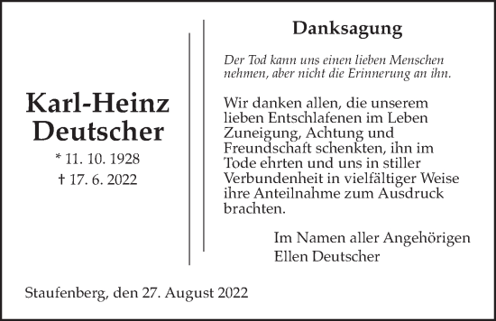 Traueranzeige von Karl-Heinz Deutscher von Giessener Allgemeine, Alsfelder Allgemeine, Giessener Anzeiger