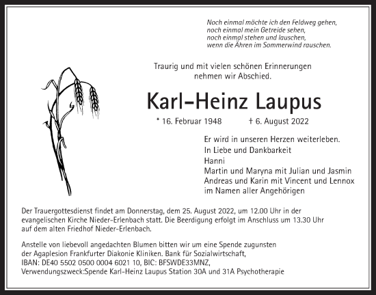 Traueranzeige von Karl-Heinz Laupus von Wetterauer Zeitung