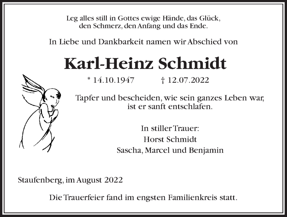  Traueranzeige für Karl-Heinz Schmidt vom 05.08.2022 aus Giessener Allgemeine, Alsfelder Allgemeine