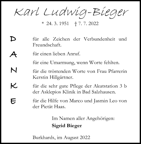 Traueranzeige von Karl Ludwig-Bieger von Kreis-Anzeiger