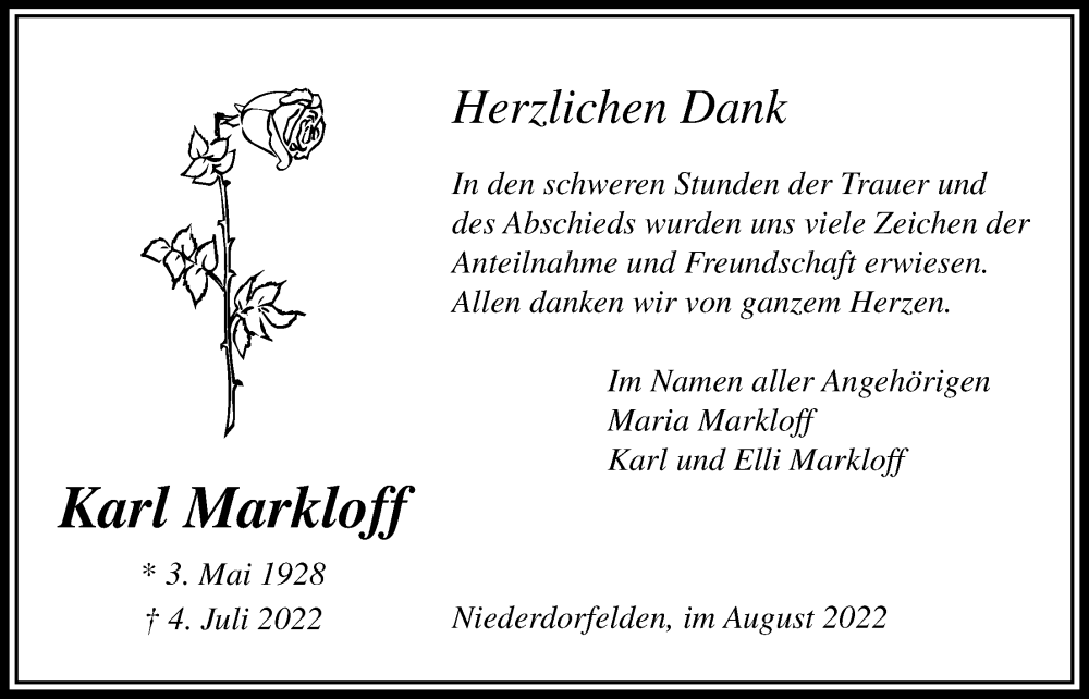  Traueranzeige für Karl Markloff vom 04.08.2022 aus Bad Vilbel/Karben