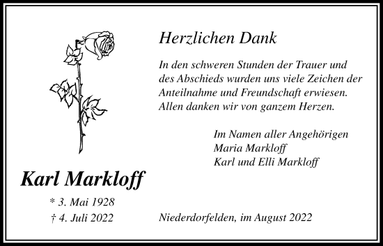 Traueranzeige von Karl Markloff von Bad Vilbel/Karben