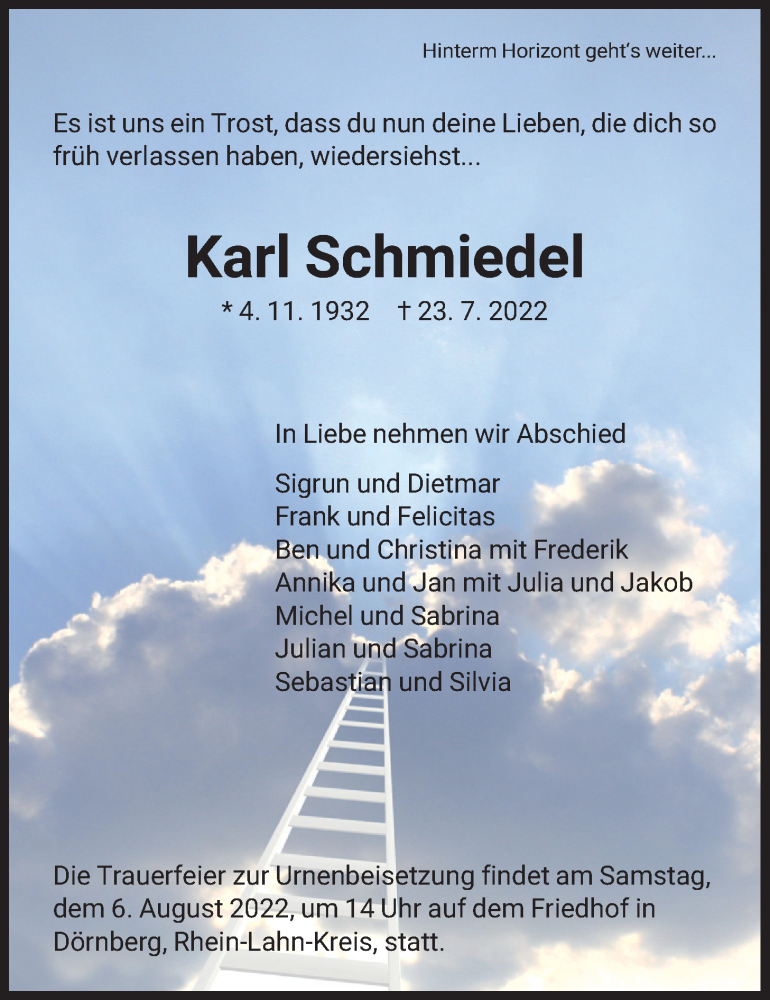 Traueranzeige für Karl Schmiedel vom 05.08.2022 aus 