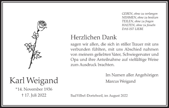 Traueranzeige von Karl Weigand von Bad Vilbel/Karben