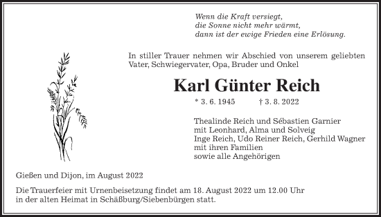 Traueranzeige von Karl Günter Reich von Giessener Anzeiger, Giessener Allgemeine, Alsfelder Allgemeine