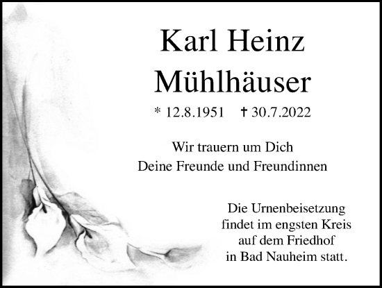 Traueranzeige von Karl Heinz Mühlhäuser von Wetterauer Zeitung