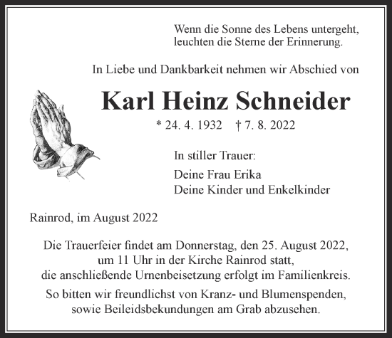 Traueranzeige von Karl Heinz Schneider von Kreis-Anzeiger