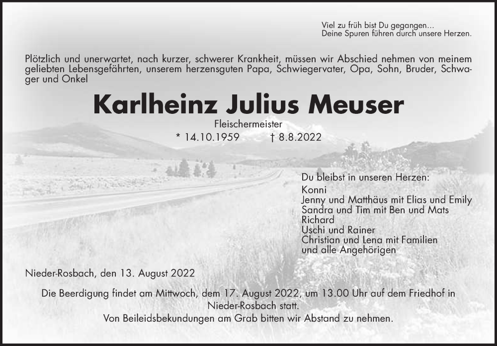  Traueranzeige für Karlheinz Julius Meuser vom 13.08.2022 aus Wetterauer Zeitung