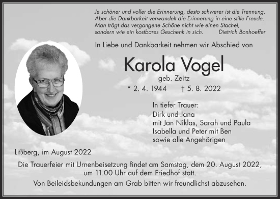 Traueranzeige von Karola Vogel von Kreis-Anzeiger